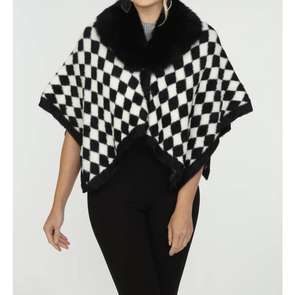 NEW OOLALA boho chic check fur collar cape in black/white